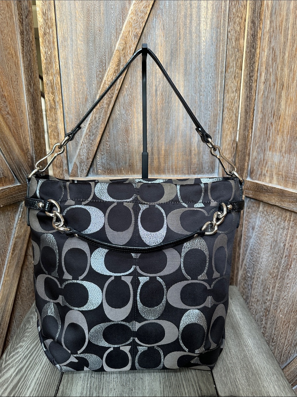 Coach Brooke Signature C Black & Metallic Silver Canvas Shoulder Satchel Tote - Picture 4 of 16
